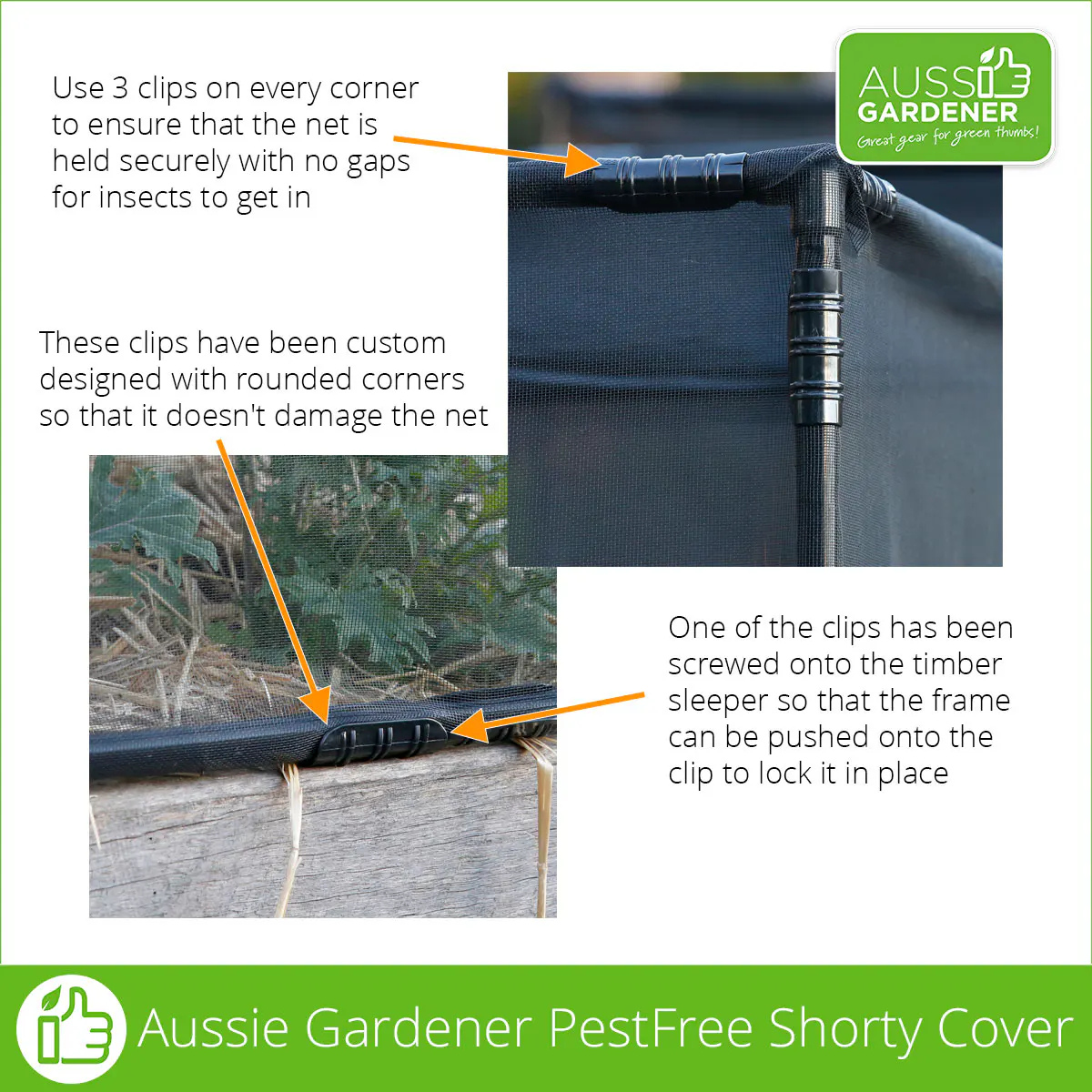 Close-up of PestFree Shorty Cover clips securing insect netting to the frame.