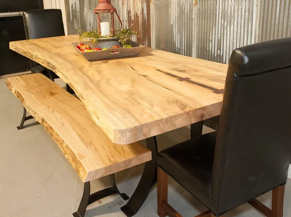 live edge wood dining table and bench