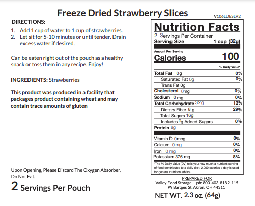 Valley Food Storage Strawberry Slices Long Term Food Storage Nutrition Label