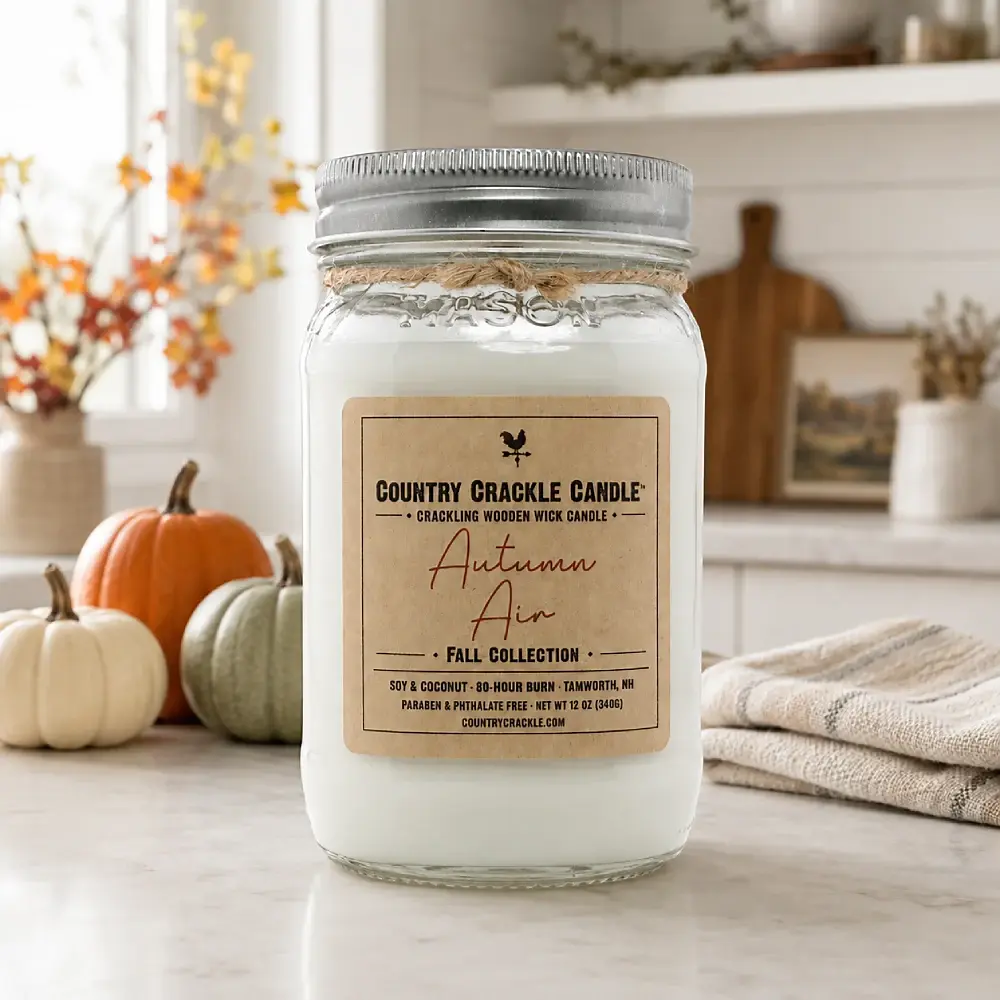 Autumn Air, 80-Hour Soy & Coconut Wax, Wooden Wick Candle. interior farmhouse shot with candle on countertop with fall decorations