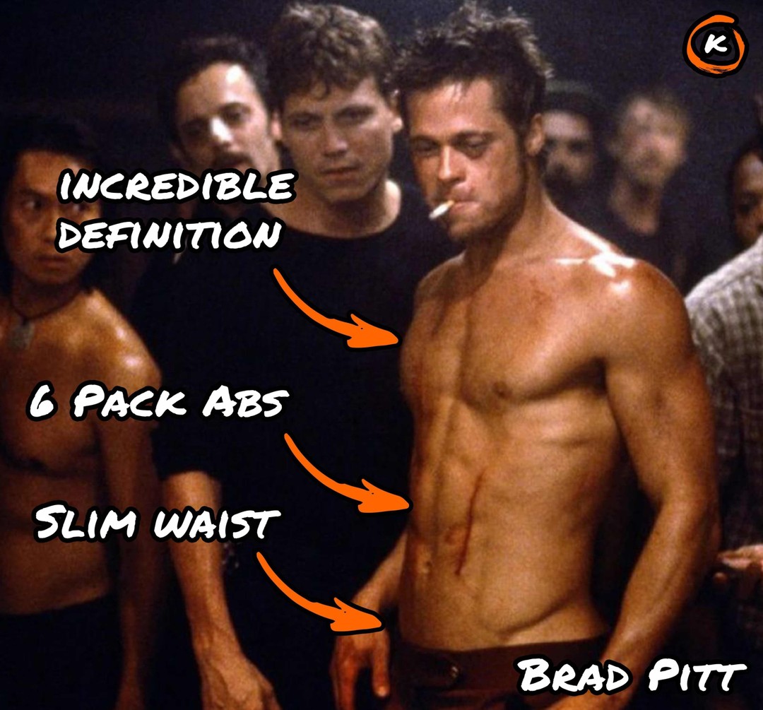 Brad Pitt with incredible definition, 6 pack abs, and a slim waist