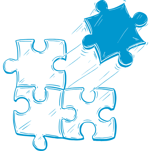 Pen and ink drawing representing a puzzle with one missing piece.