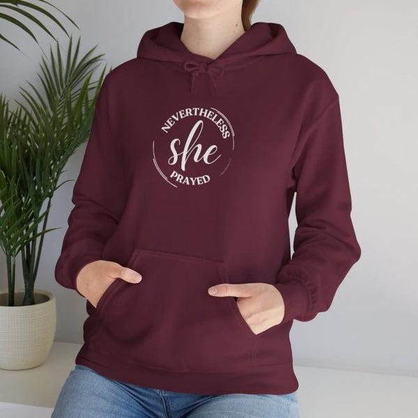 maroon hoodie: Nevertheless She prayed