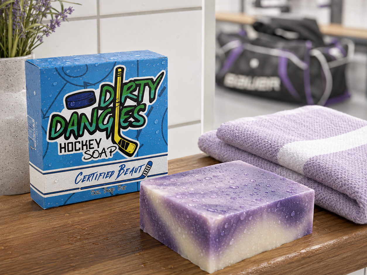 Certified Beaut hockey soap bar and box on a locker room bench beside a folded lavender towel with girl's hockey gear in the background.