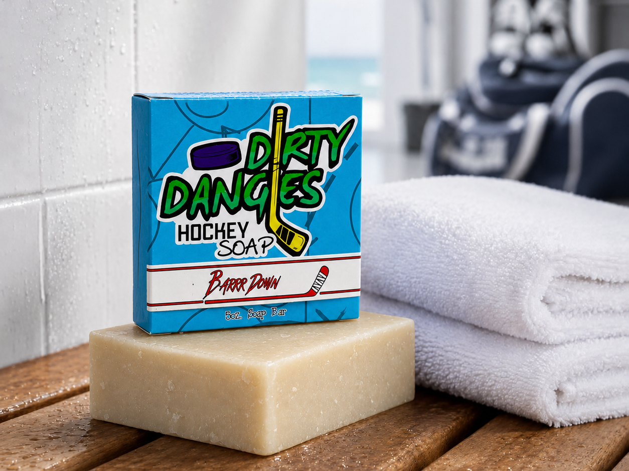 Barrr down bay rum scented hockey soap bar in a clean locker room with hockey gear