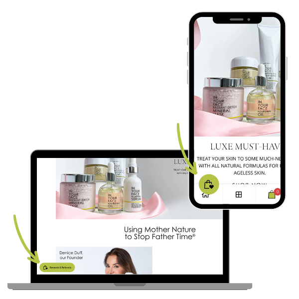 an image showing a laptop and a mobile phone with INYOURFACESKINCARE.com homepage on both, with an arrow pointing to the "Rewards & Referrals" icon.