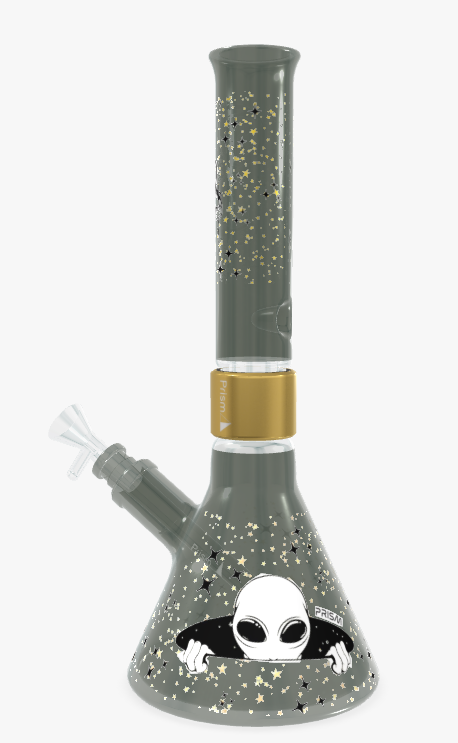 A screenshot from the Prism 3D Builder of a midnight beaker base and midnight mouthpiece with a clear bowl and the spaced out decal design