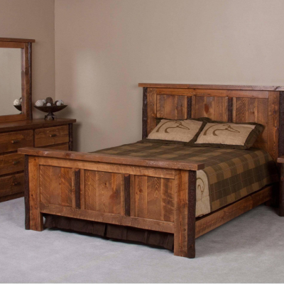 Viking Log Rocky Creek Sawtooth Hickory Bed in bedroom with dresser and attached mirror