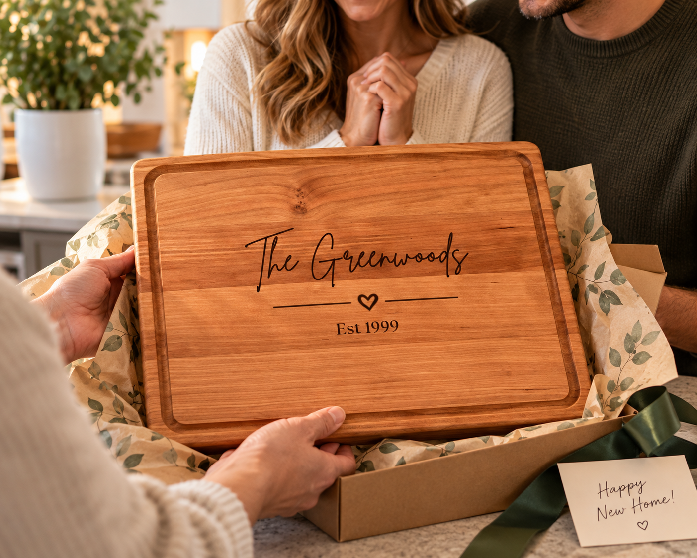 Personalized 1-inch-thick maple cutting board engraved with Home Sweet Home, and The Andersons, Est. 2025, displayed as a housewarming gift beside wrapped presents, greenery, a candle, wine, and a cozy table setting.