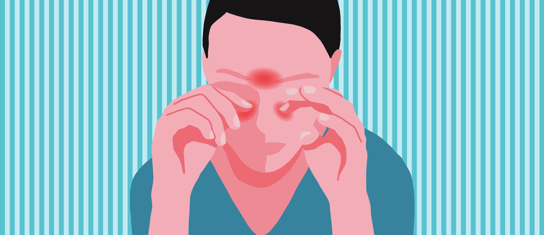 A girl rubbing her itchy eyes with red spots on her face indicates sinus pain.
