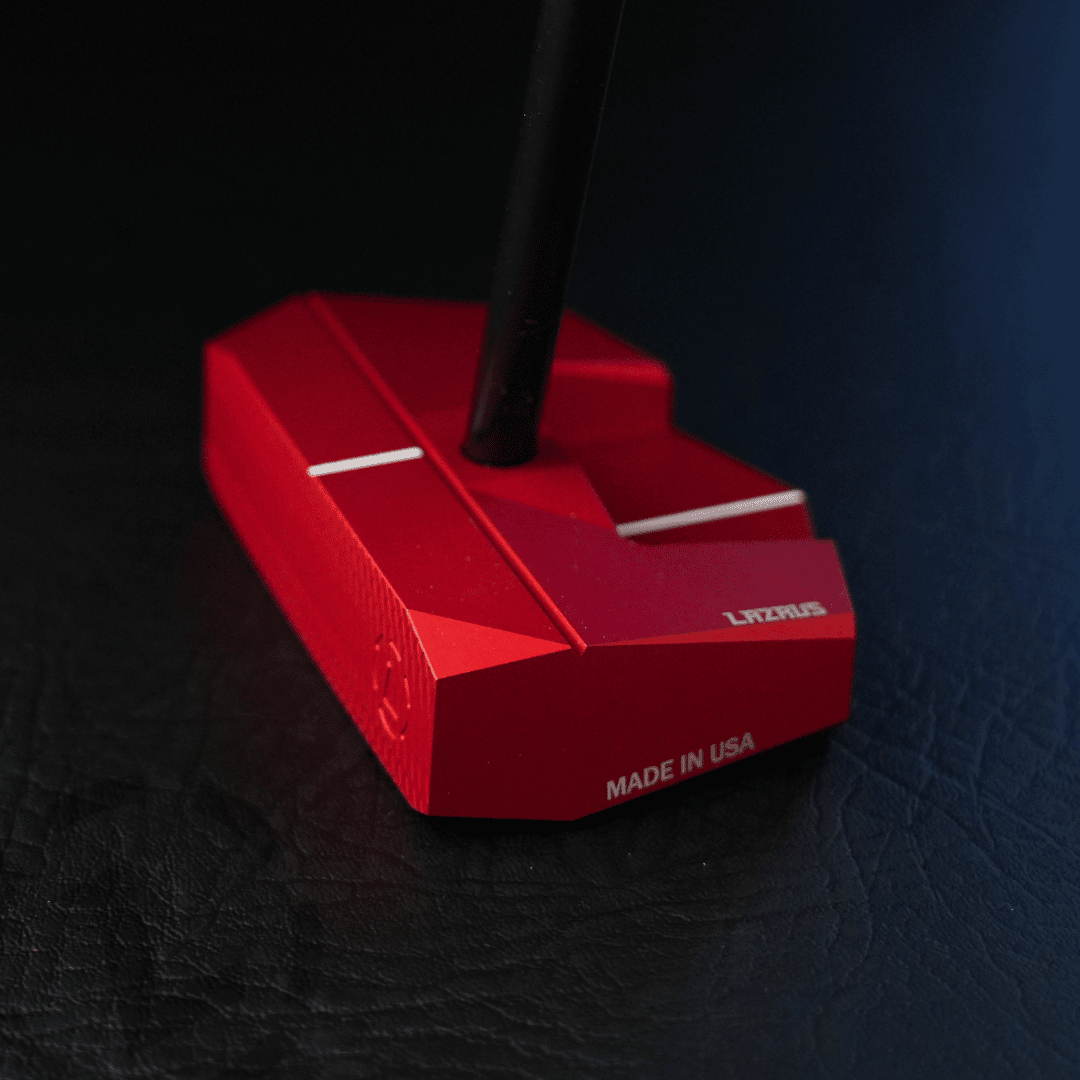 Lazrus LAZ2.5 zero torque mallet putter in Red finish showing alignment of white guideline
