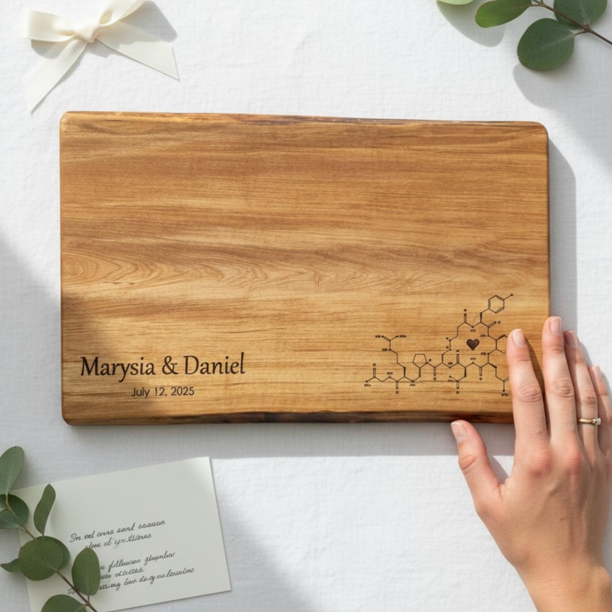 personalized live edge charcuterie board with no handles. Showing engraving on board.