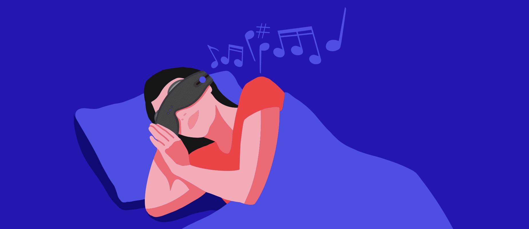 A girl wearing a sleep mask with headphones in bed listening to music.