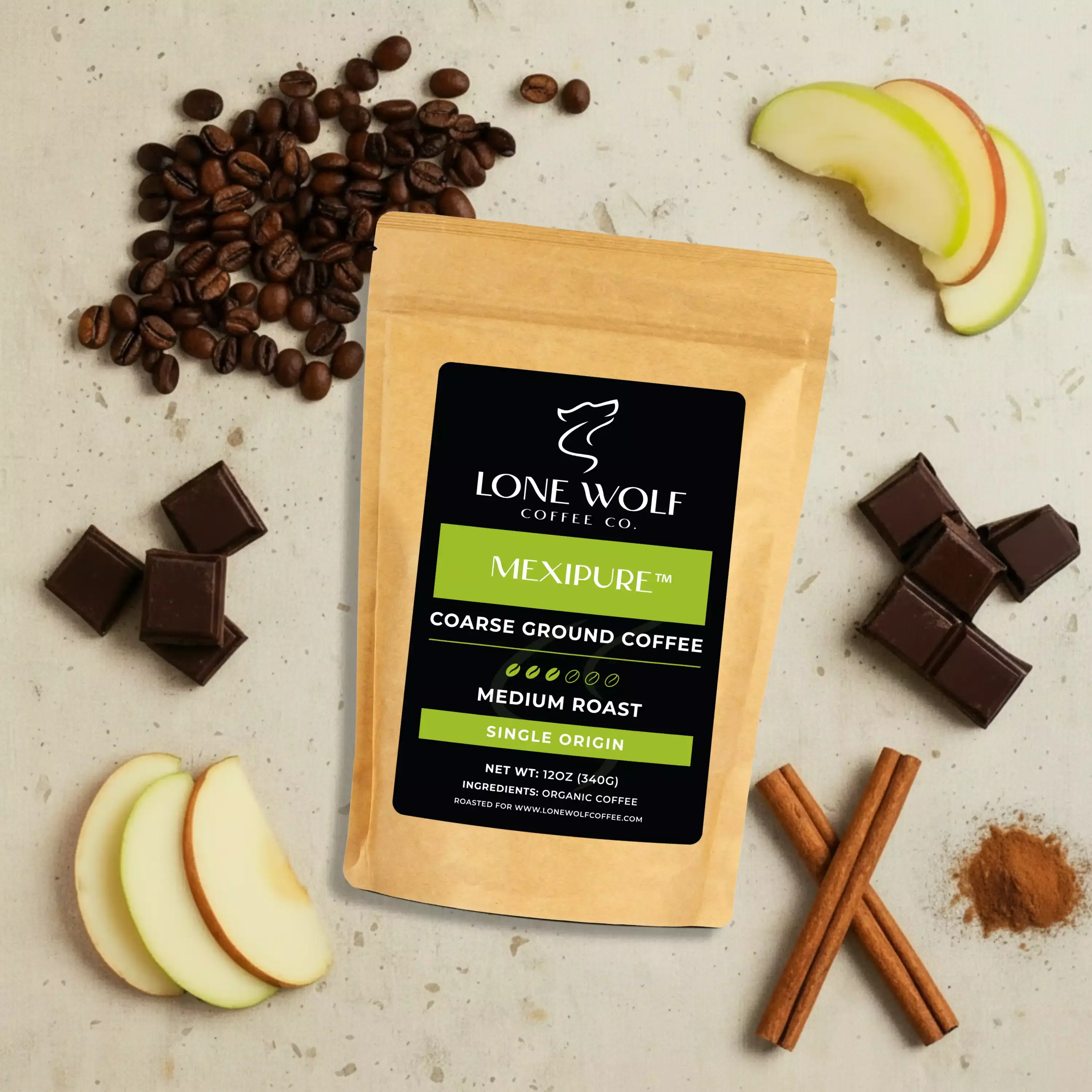 Mexipure coarse ground flavor profile image showing Lone Wolf Coffee with rich chocolate, cinnamon, green apple sweetness, and a clean finish.