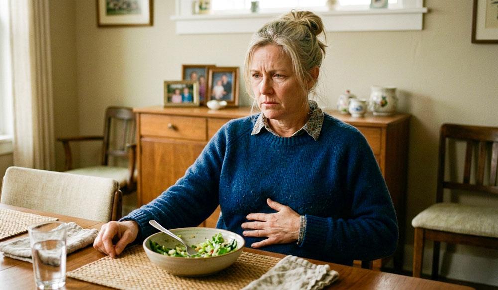 Woman sitting at a dining table holding her stomach, appearing uncomfortable while eating a bowl of salad.