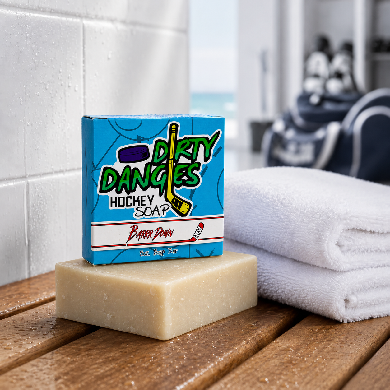 Barrr down bay rum scented hockey soap bar in a clean locker room with hockey gear