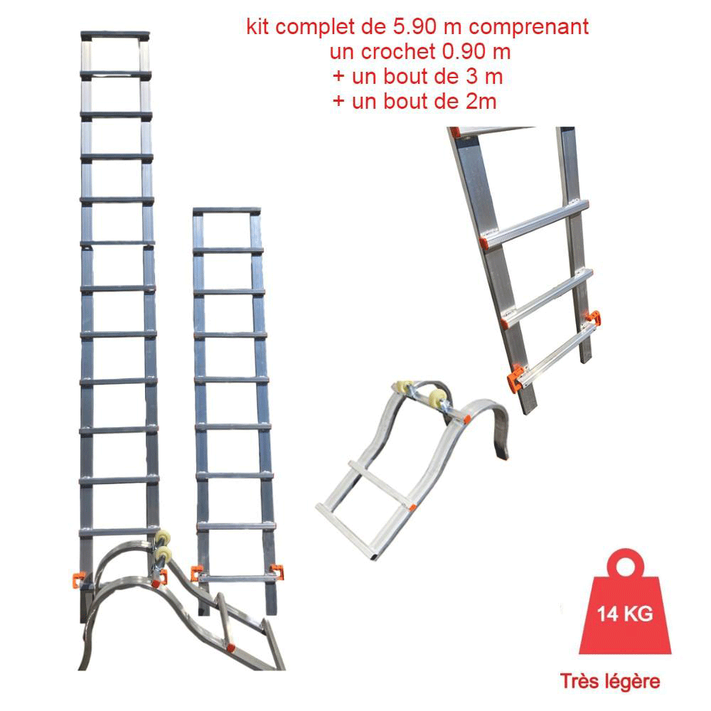 Echelle de toit à crochet - tout aluminium - longueur 5.90 m en 3 morceaux avec crochet amovible pour rangement facile !