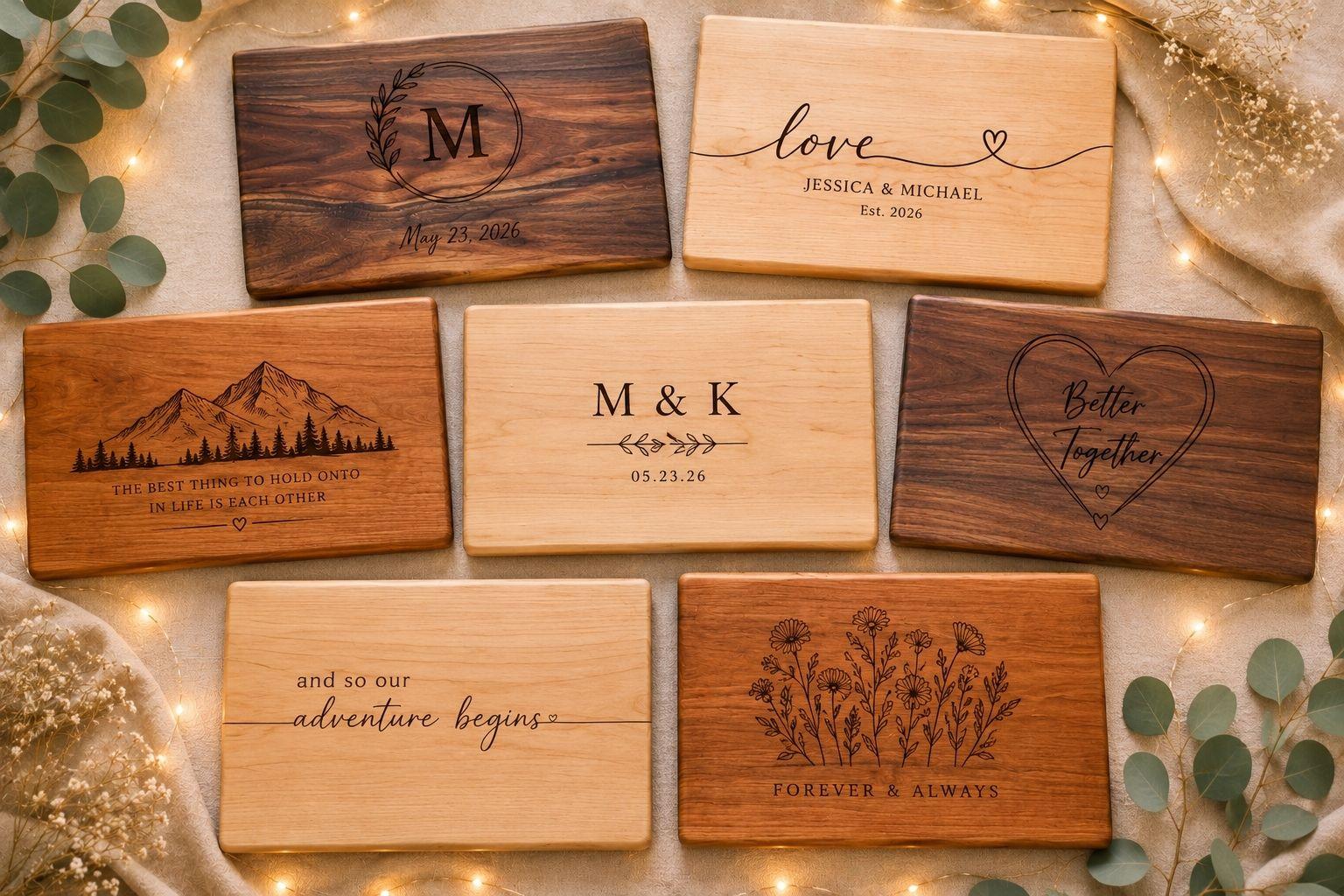 Examples of personalized wedding gift boards featuring custom engraving designs requested by customers.