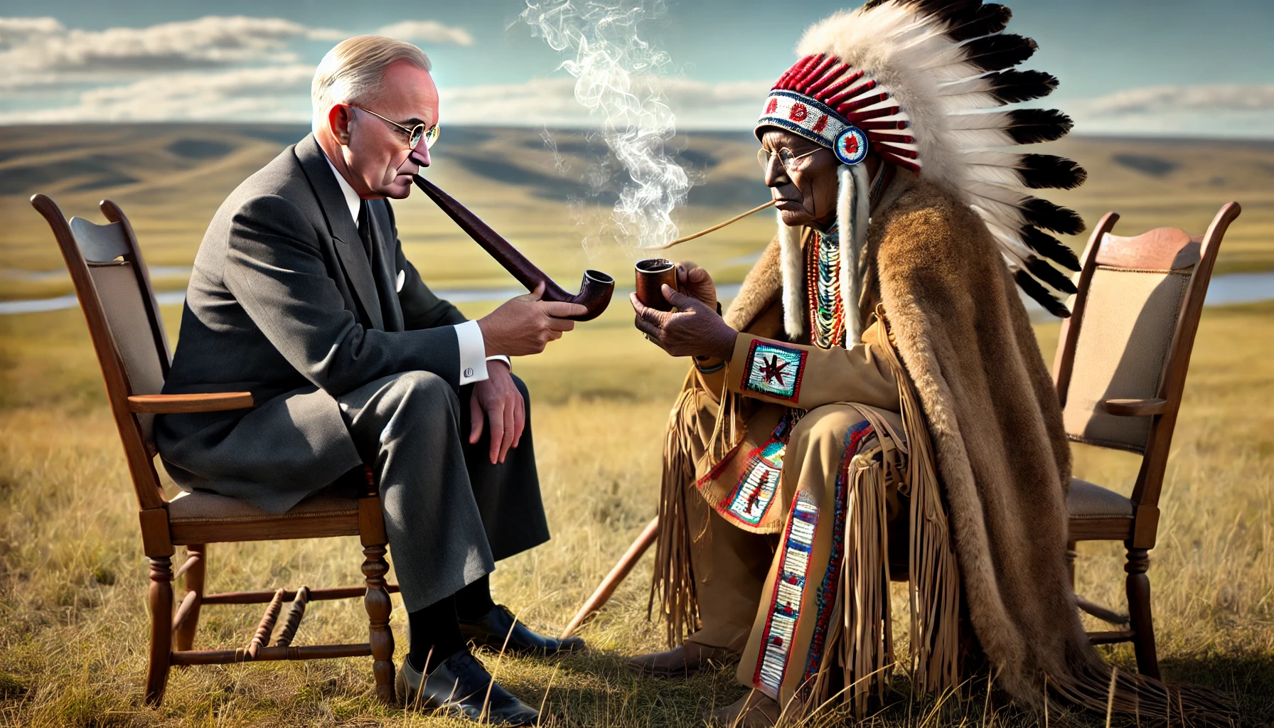 harry truman smoking peace pipe with indian cheif