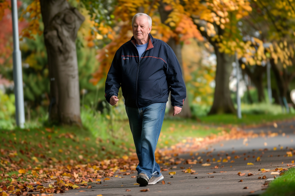 Senior man walking in the fall.