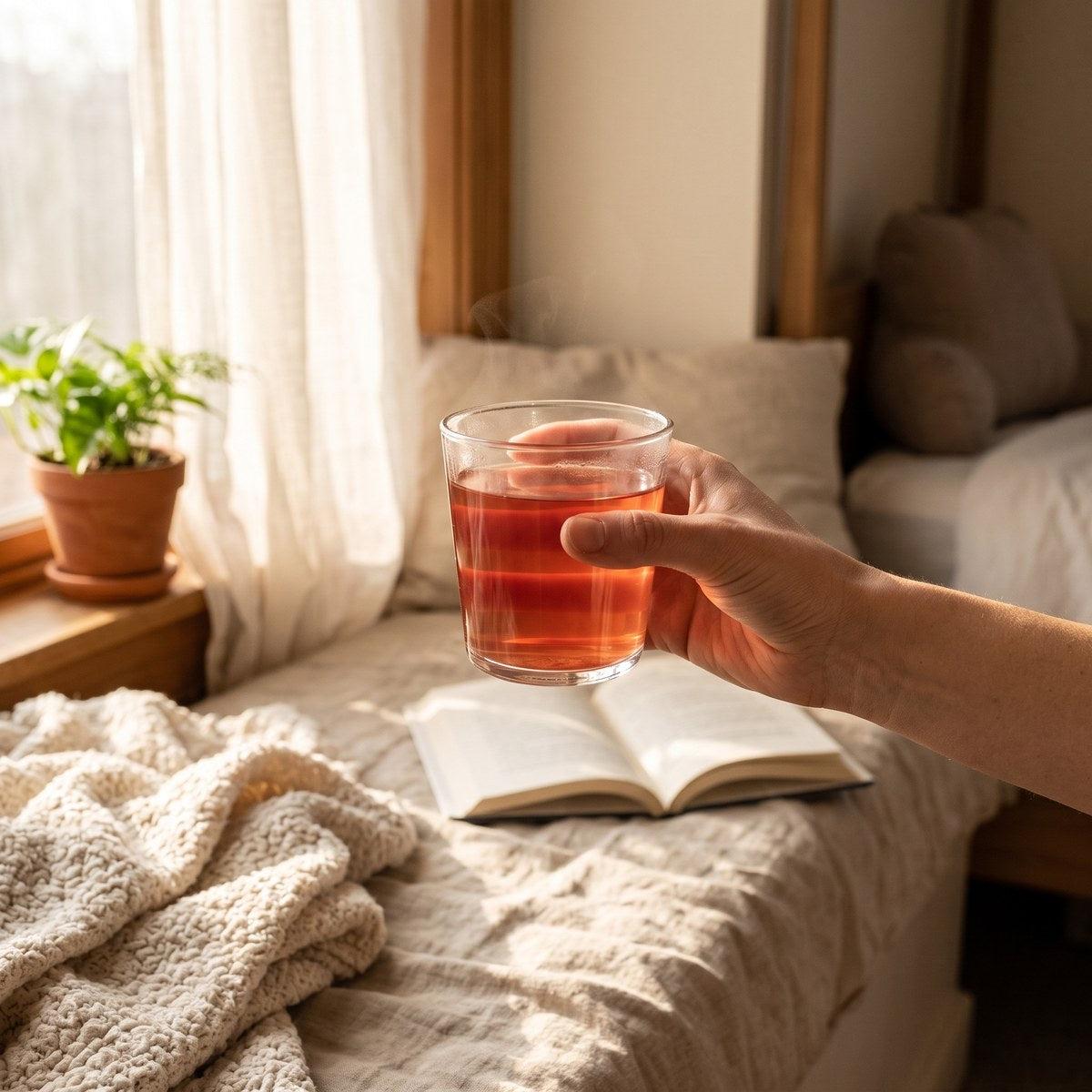 Hand holding a cup of rosy schizandra tea in a sunny reading nook