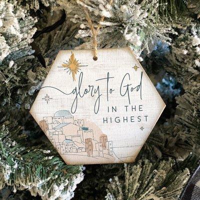 Glory to God in the highest wood ornament with scene of Bethlehem