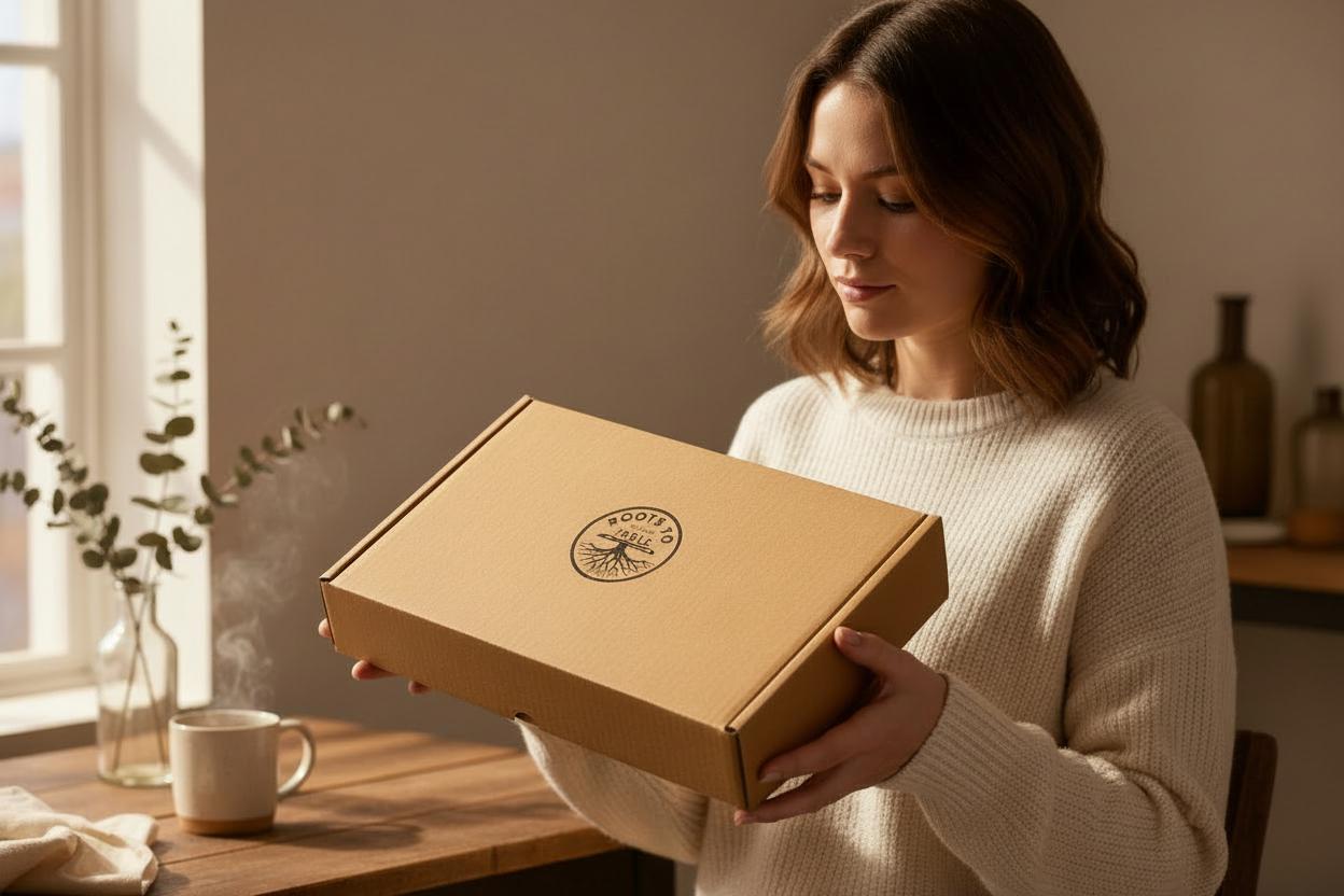 Woman holding a thoughtfully packaged Roots To Table gift box after choosing a meaningful gift in a calm, sunlit kitchen
