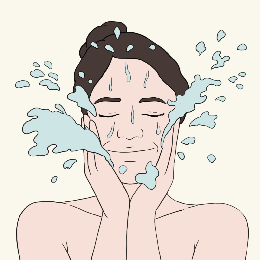 Illustration of a happy woman washing her face