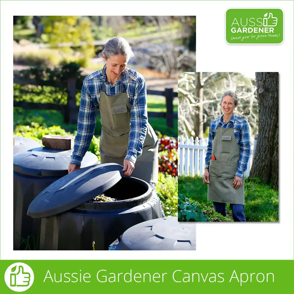 Gardener wearing a green canvas apron opening a compost bin in a backyard garden, with a second portrait view of the apron.