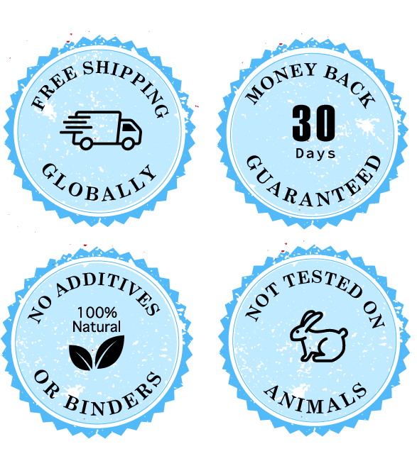 Guarantee badges - Free shipping globally, 30 days money back guaranteed, no additives or binders, 100% natural, and not tested on animals