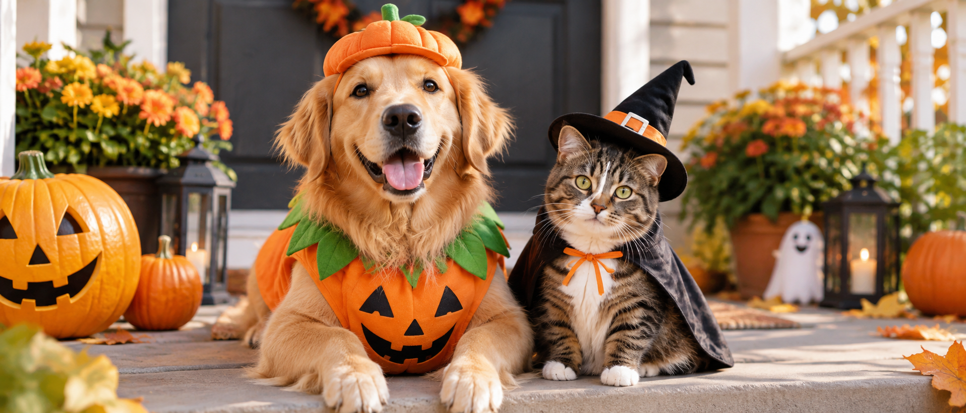 A happy dog wearing a comfortable Halloween bandana sitting safely next to a carved pumpkin