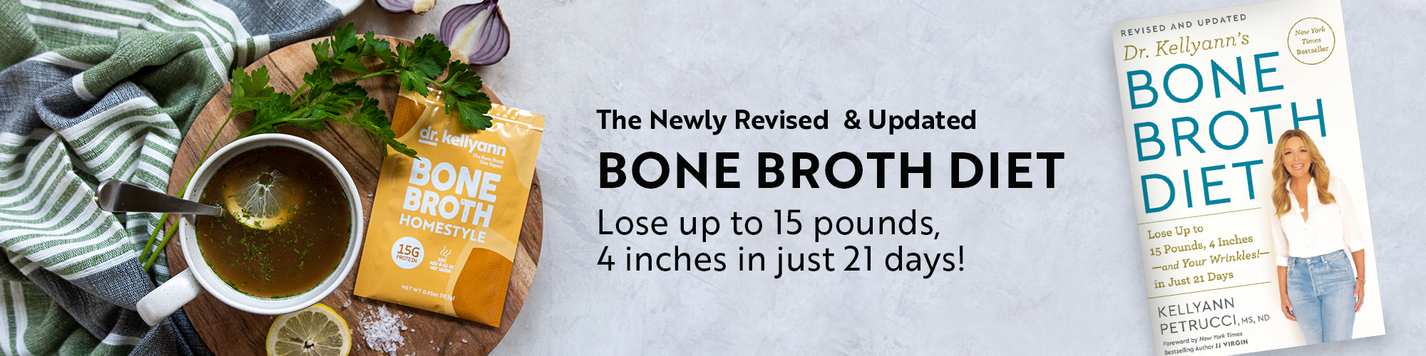 Dr. Kellyann's Bone Broth Diet book with a pot of bone broth and vegetables