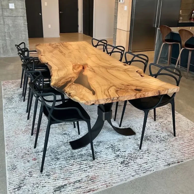 live edge river dining table, walnut wood, with walnut bench, copper epoxy