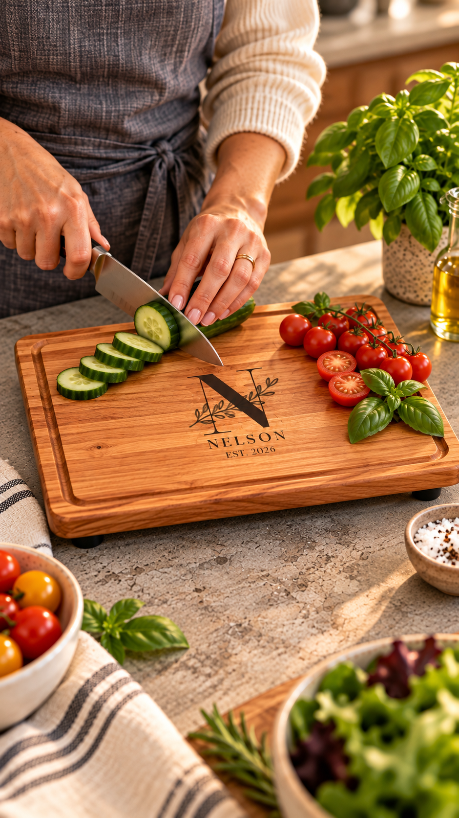 Personalized large maple butcher block wooden cutting board with a juice groove, engraved “The Smith Family Est. 2024,” holding freshly sliced barbecue ribs during an outdoor cookout, with grilled corn, coleslaw, barbecue sauce, herbs, and a rustic table setting.