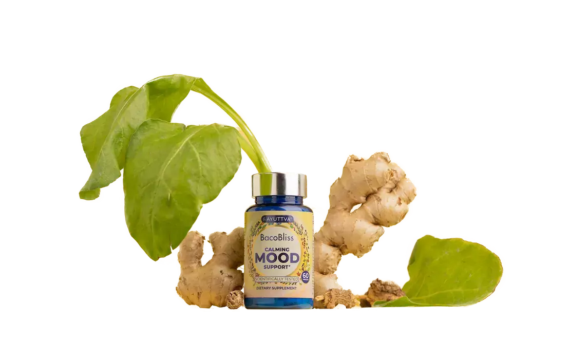 BacoBliss mood health supplement bottle with 90 capsules.