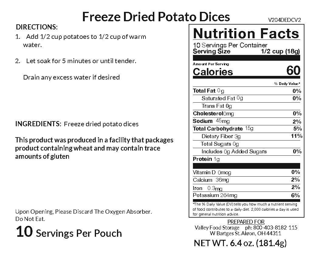 Valley Food Storage Freeze-Dried Potato Dices Long Term Food Storage Nutrition Label