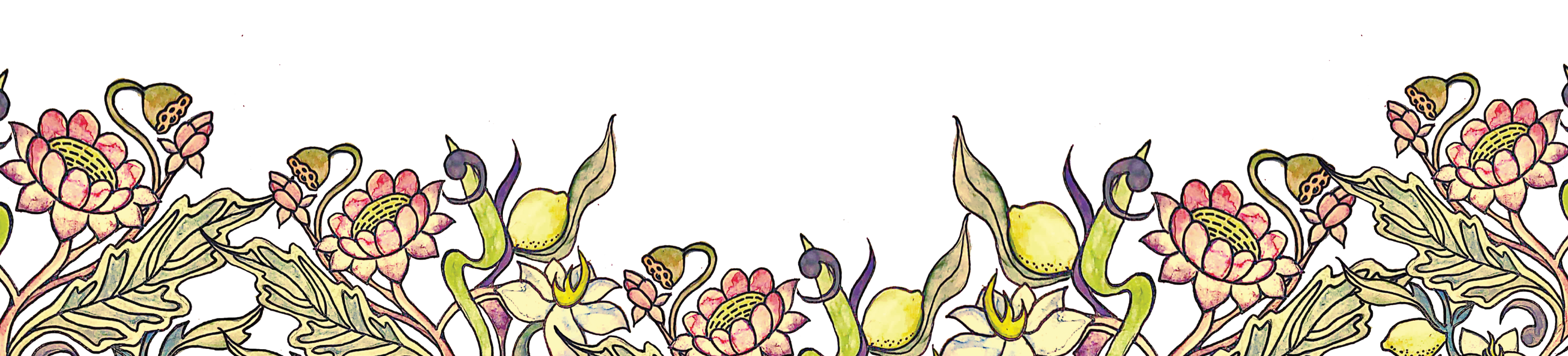 A colorful Madhubani folk art floral border featuring large red and pink hand-drawn flowers, decorative buds, and intricate black outlines. The composition includes vibrant green leaves and winding brown stems, rendered in a symmetrical and richly patterned style typical of traditional Indian Madhubani painting.