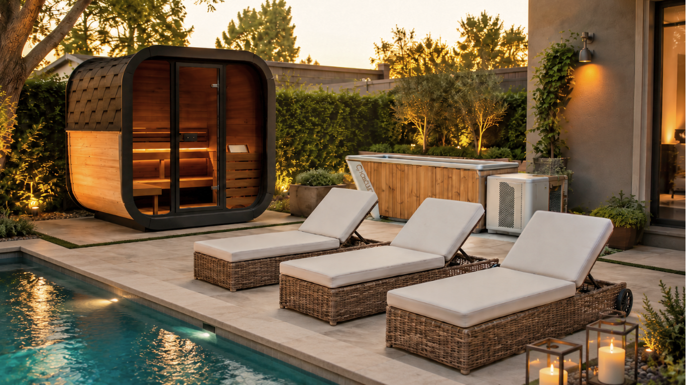 in a pool area with a cube sauna and three chaise lounges.