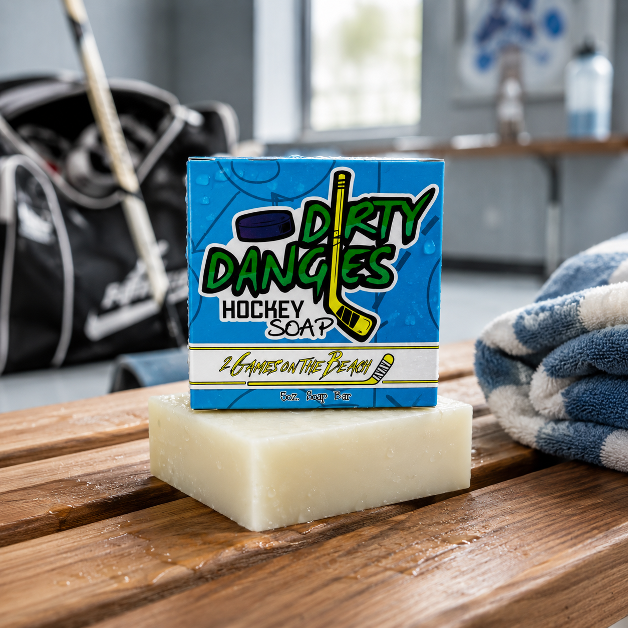 2 games on the beach hockey soap bar on a wooden bench inside a locker room with hockey gear in the background