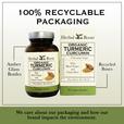 Bottle and box of Herbal Roots turmeric curcumin next to each other. Under the bottle and box says We care about our packaging and how our brand impacts the environment. There is a line coming from the left of the bottle that says Amber glass bottles. There is a line coming from the left of the box that says sugarcane boxes.