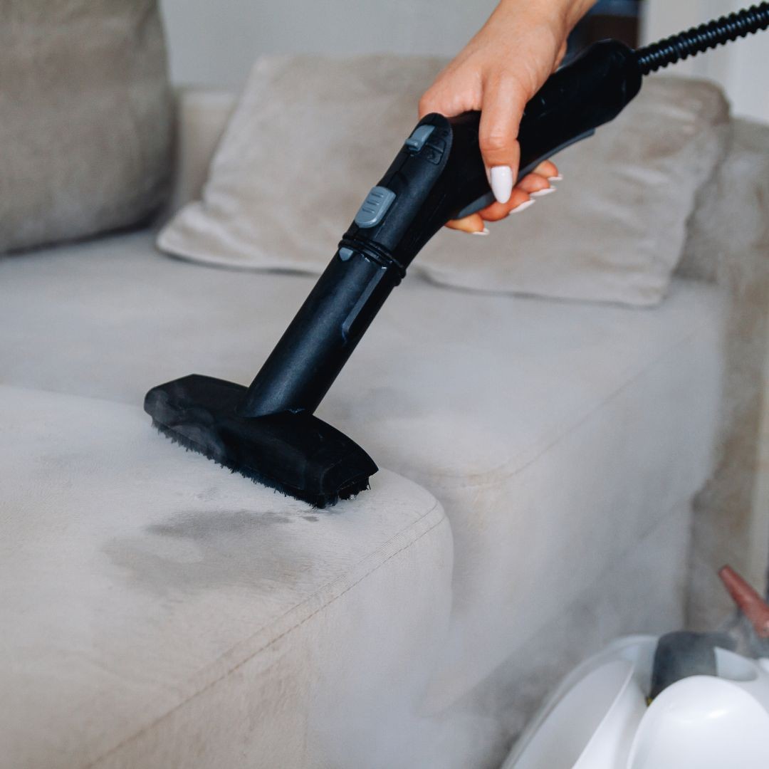 Woman steam cleaning sofa