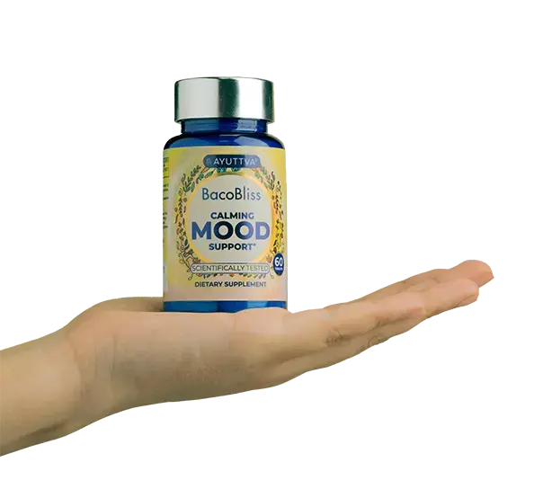 BacoBliss mood health supplement bottle with 90 capsules.