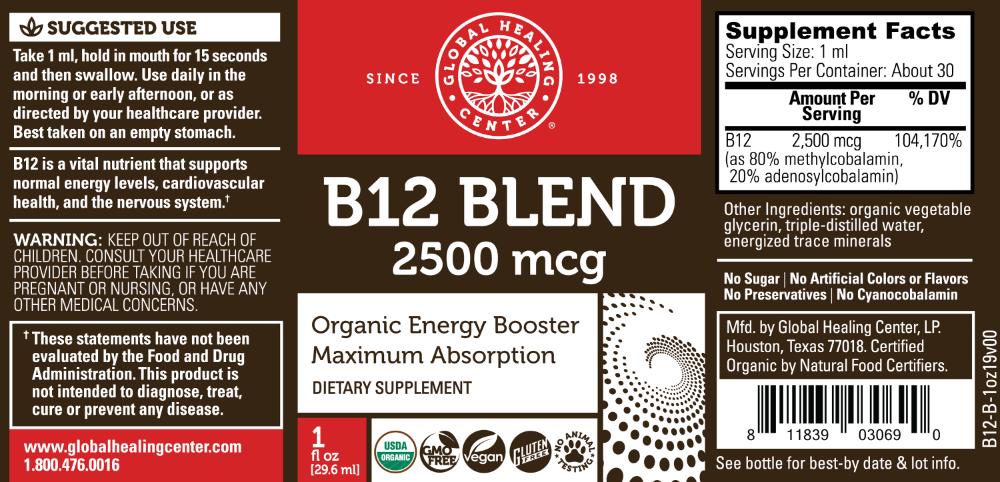 Global Healing B12 Blend 2500mcg Bottle 1oz Label