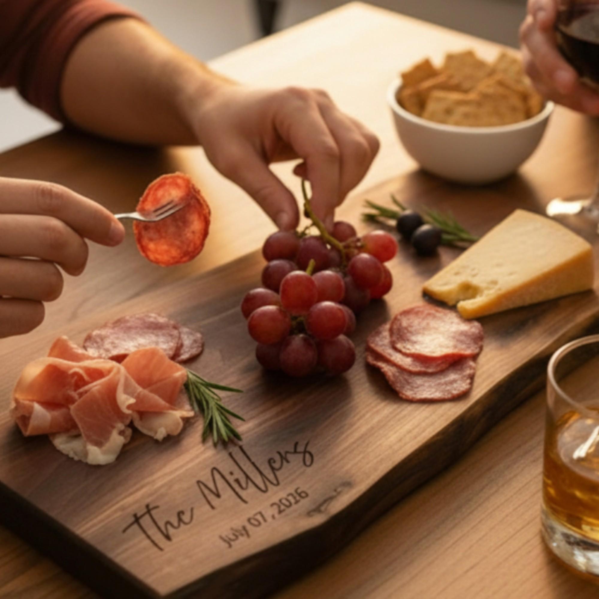 Personalized live edge walnut charcuterie board with custom engraved family name