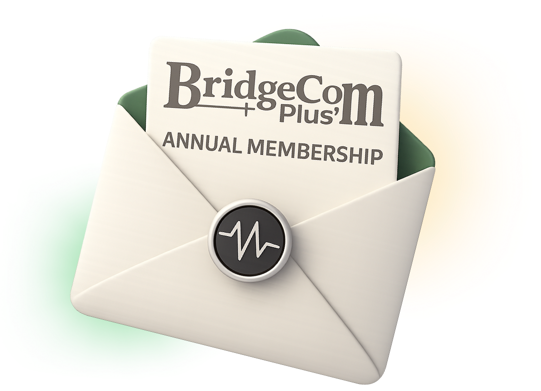 White envelope with text BridgeCom Plus Annual Membership
