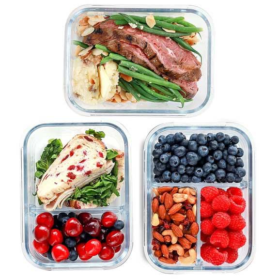 1 & 2 & 3 Compartment Glass Meal Prep Containers with BLUE Lids (3 Pack, 35 oz)