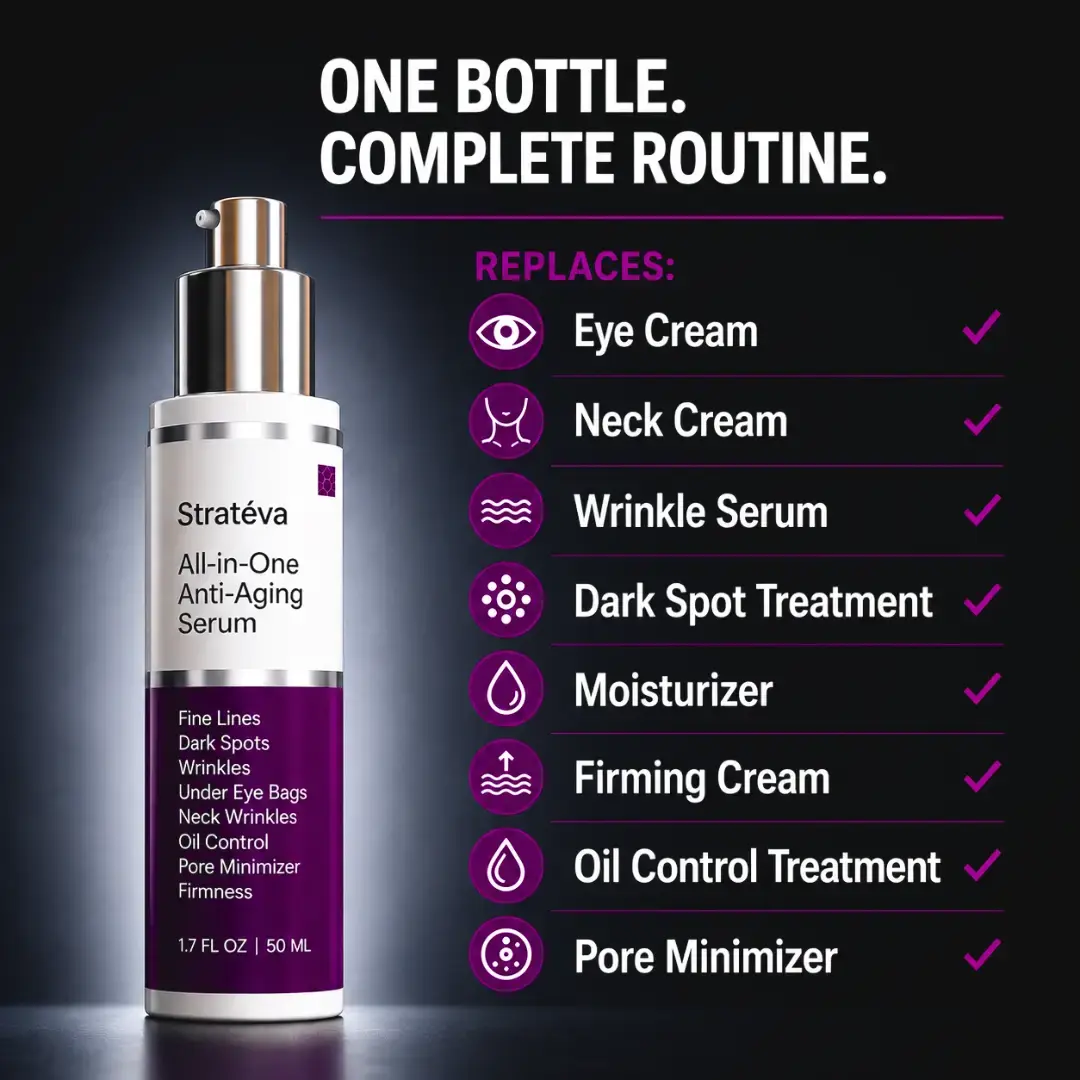 One bottle complete routine image, replaces eye cream neck cream, wrinkle serum dark spot, moisture, firming