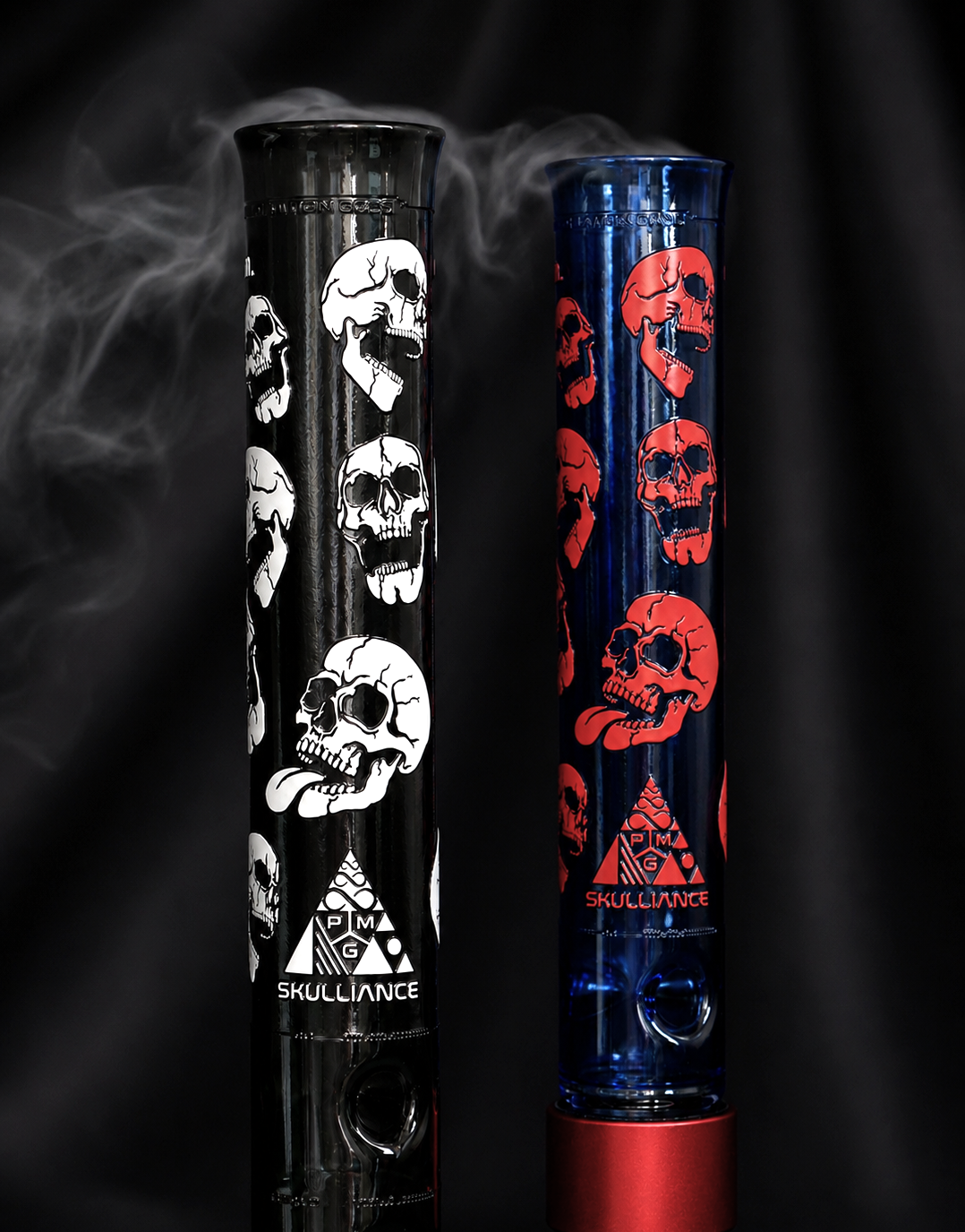 Two Prism x Milkyway Glass etched mouthpieces for the SKULLIANCE skull collection, made with the Frit glass process to add white and red as color on top of the etched glass