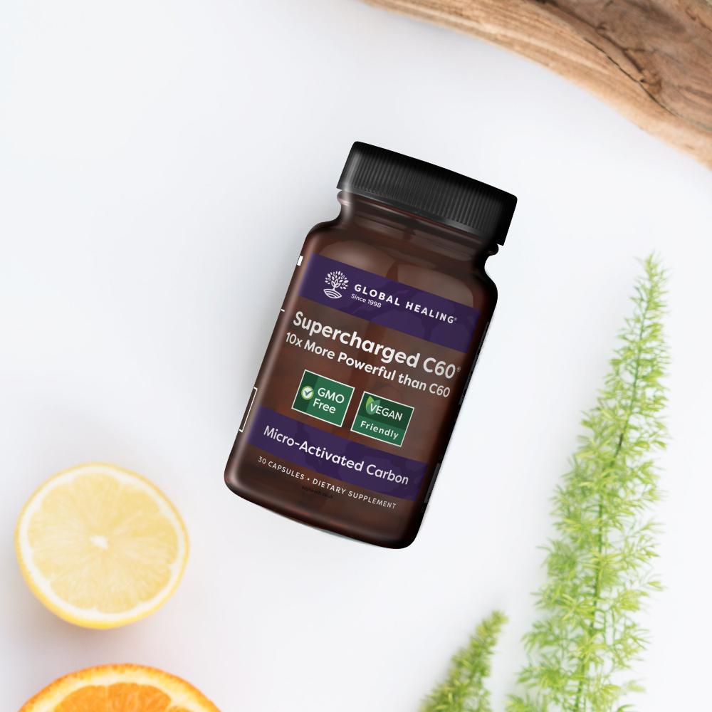 Global Healing Supercharged C60 Micro-Activated Carbon On Table