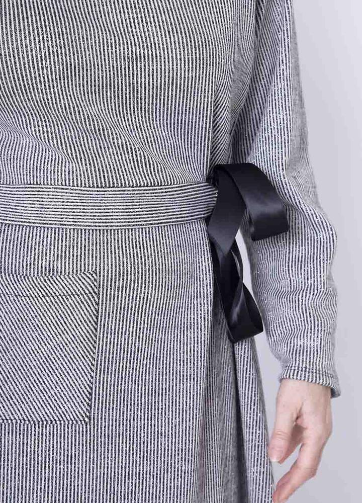 Cowl Neck Ribbon Belt Dress in Grey